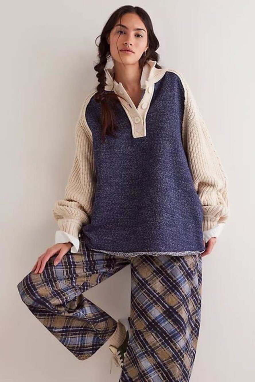 Free People Women S Marco Polo Sweater Chunky Knit Long Sleeve Blue Cream Henley